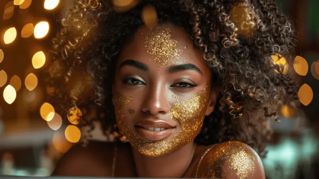 Smiling African American woman with curly hair typing on a laptop at a coffee shop table with warm bokeh lights.