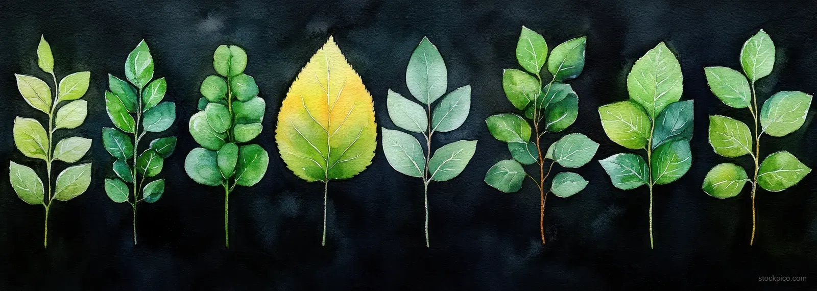 Watercolor green leaves in different shapes and sizes on thin stems against a dark background.