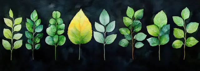 Watercolor green leaves collection on dark background with delicate stems and airy texture