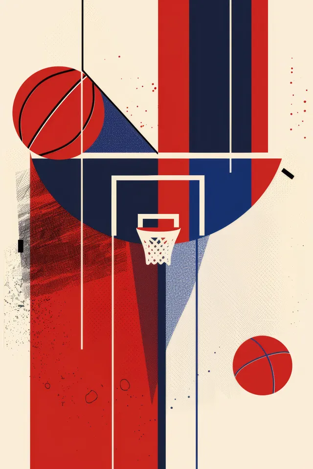 Gráfico minimalista de baloncesto 3x3 sobre los colores de la bandera de Francia con un aro y balones flotantes.