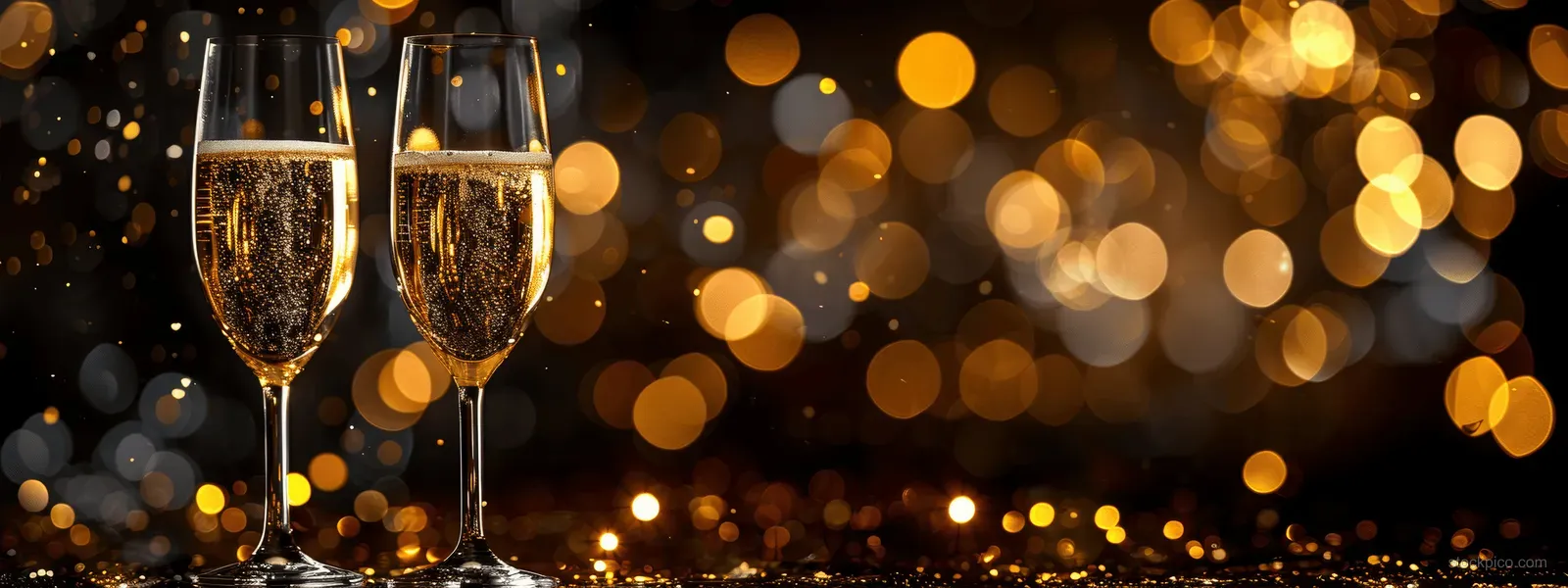 Two champagne flutes beside glowing gold bokeh lights on a dark festive background.