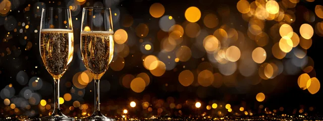 Champagne Flutes with Golden Bokeh for New Year Celebration Banner