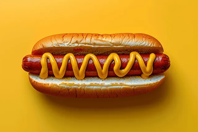 Hot dog with zigzag mustard on bright yellow background, overhead studio view