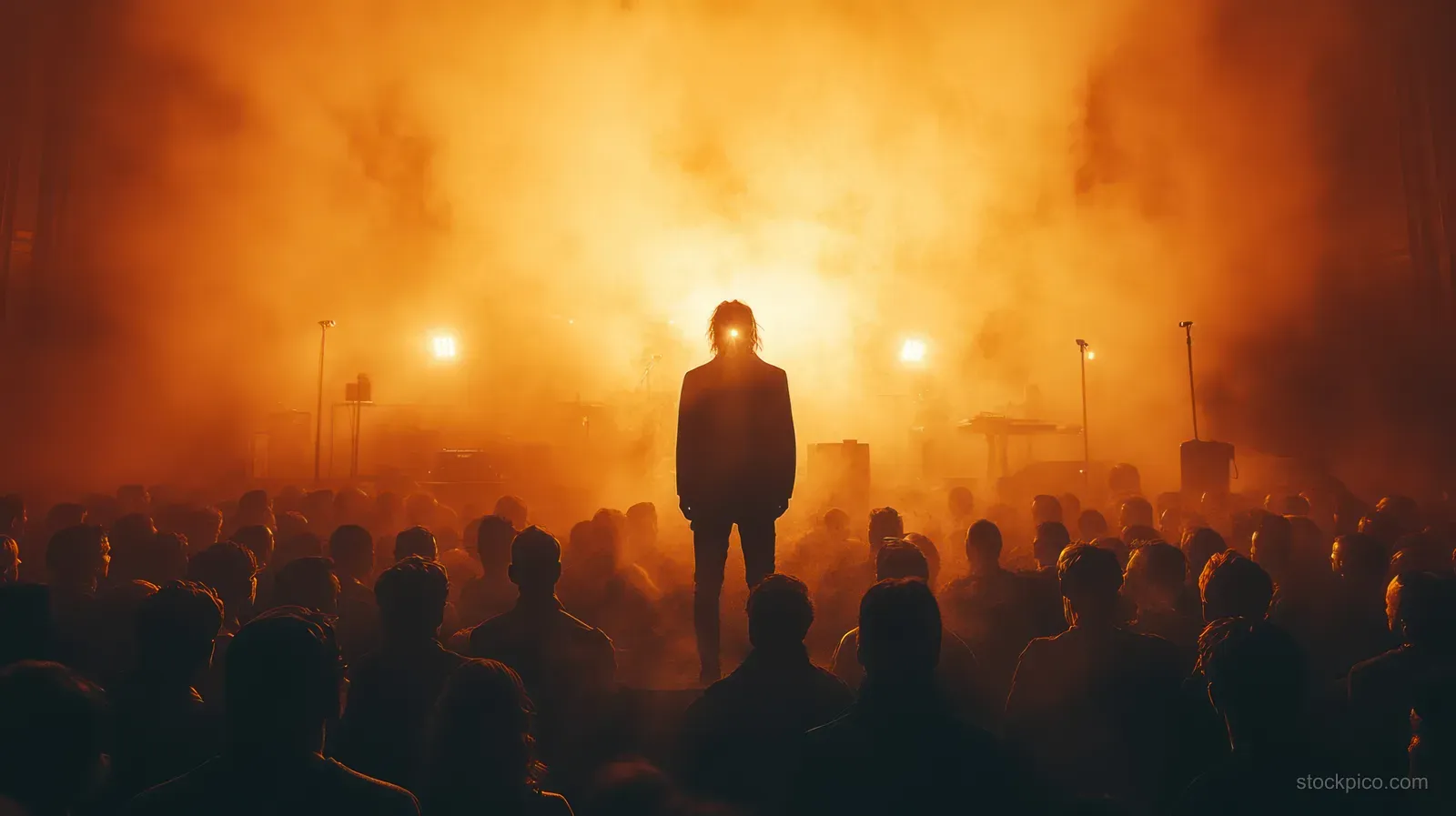 Silhouetted concertgoers crowd around a phone held by one person under glowing stage lights and smoke.