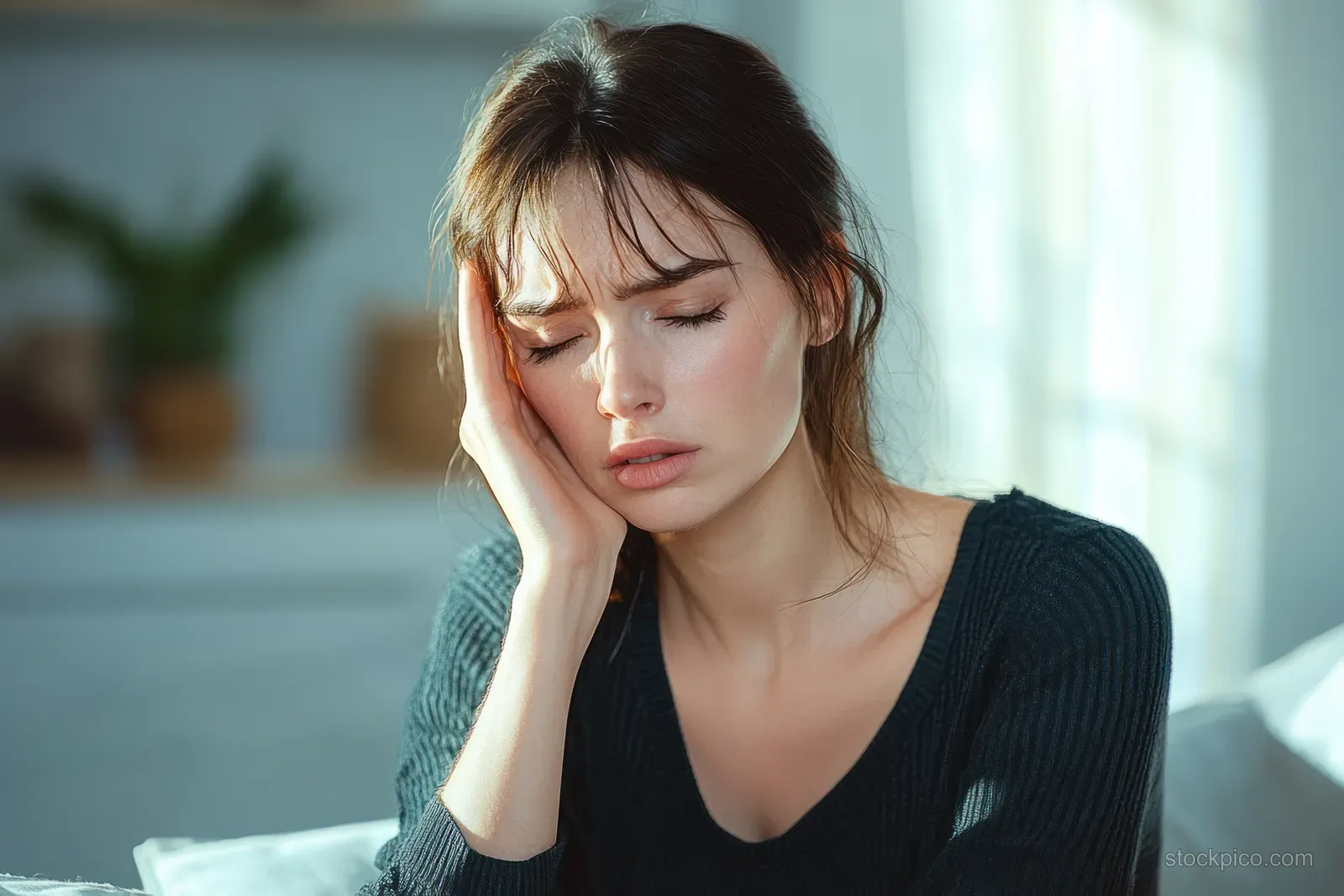 Young woman sits indoors with eyes closed, holding her head in pain in soft natural light.