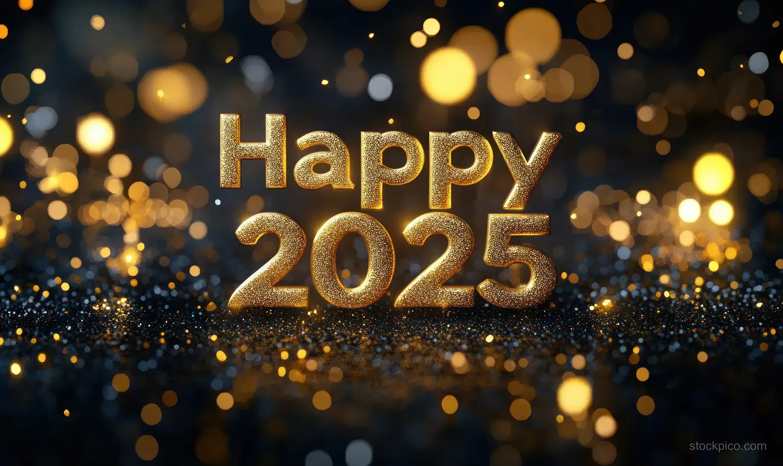 Happy 2025 gold text glows over a dark background with sparkling bokeh lights.