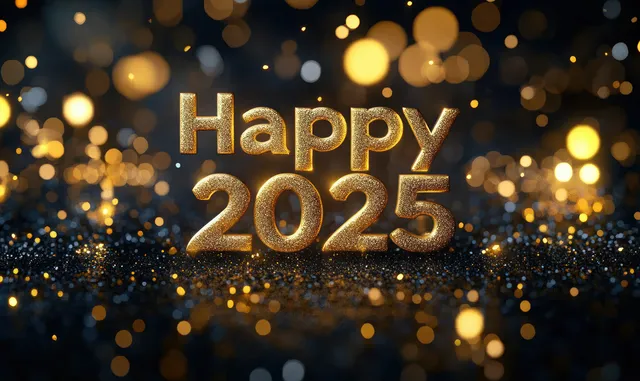 Happy 2025 gold text glows over a dark background with sparkling bokeh lights.