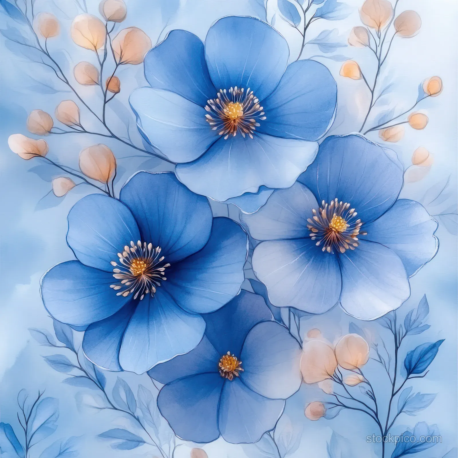 Blue watercolor flowers with leaves arranged in a seamless pattern on a white background.