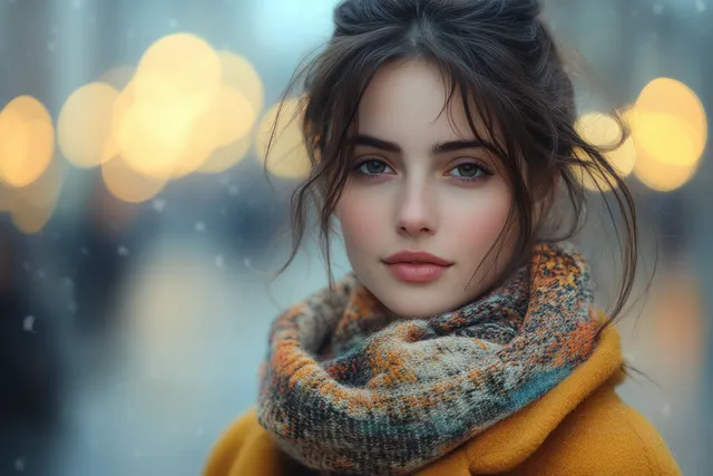 Young woman in a scarf looks at her smartphone on a dusk street with warm bokeh lights behind her.