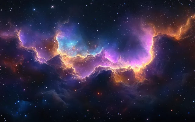 Glowing purple, blue, and orange nebula clouds surrounded by scattered stars in deep space.
