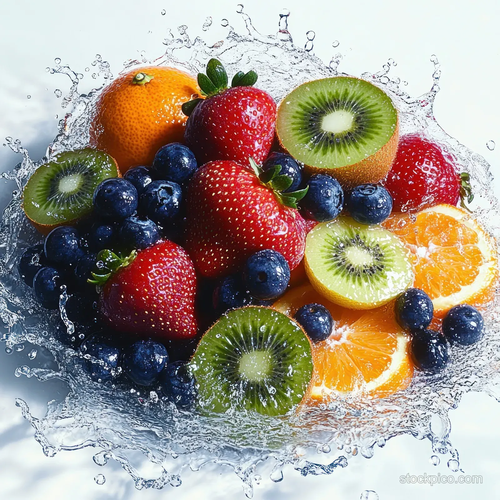 Strawberries, blueberries, kiwi slices, and orange segments splash in clear water against a light background.