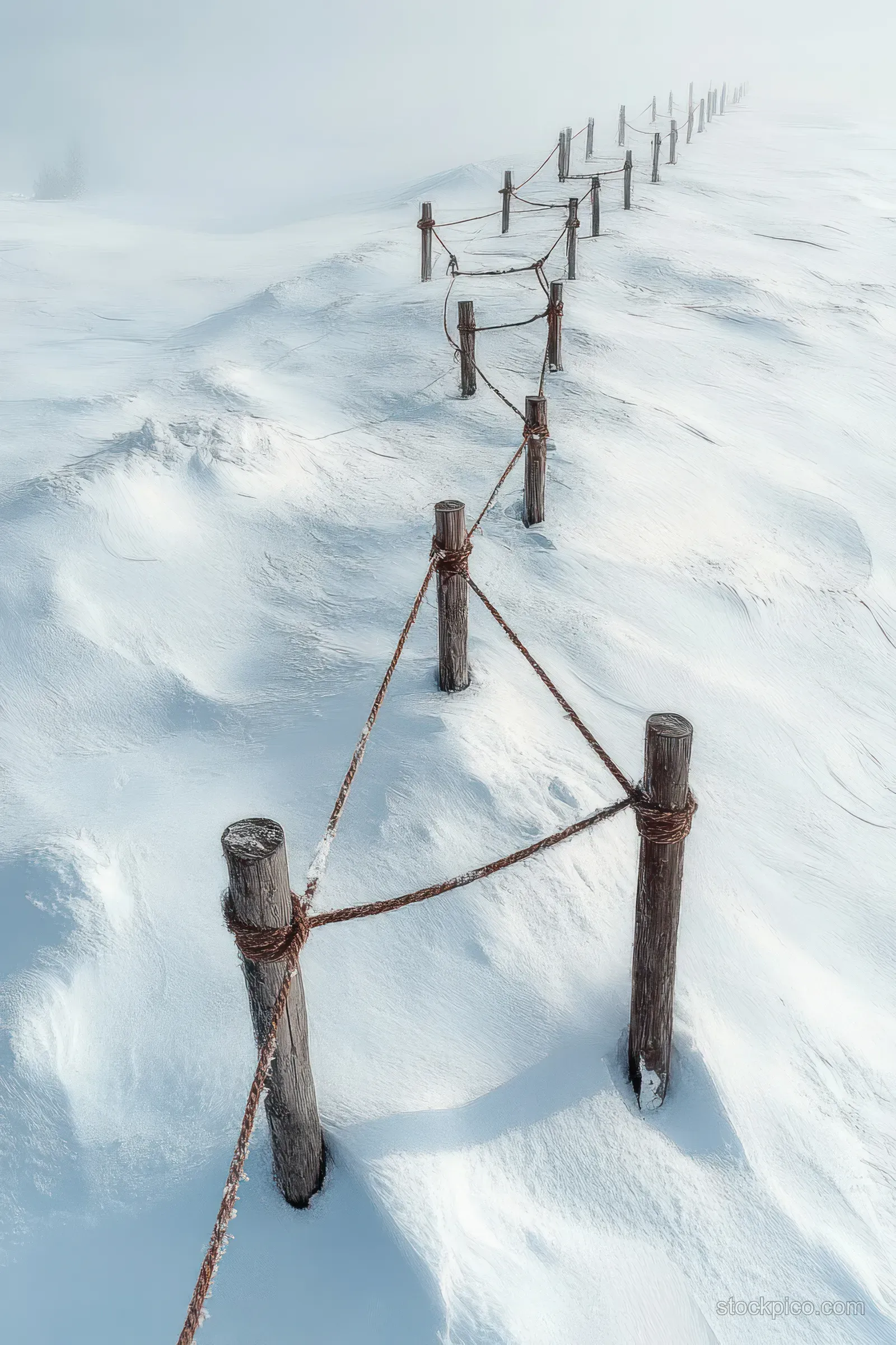 A zigzag rope fence with weathered wooden posts stands on snow-covered ground under misty winter light.