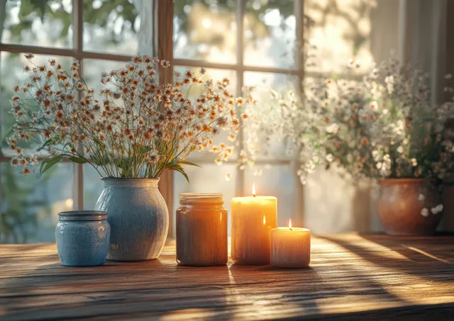 Rustic dining table with glowing candles and blue ceramic jars beside a sunlit window.