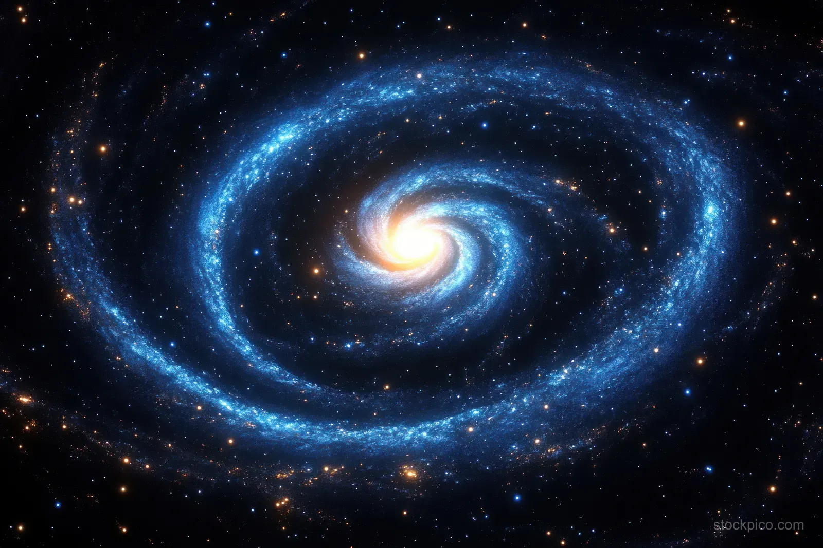 A glowing blue spiral galaxy with bright core and starry dust swirling across a dark cosmic background.