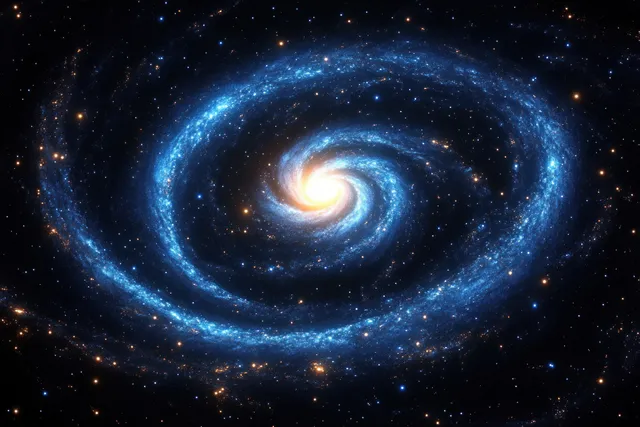 Spiral galaxy artwork with glowing blue dust and luminous stars swirling around a bright core