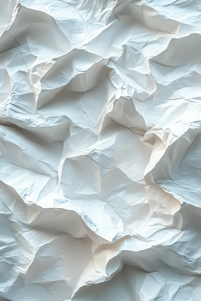 Crumpled white paper texture with soft light shadows across a vertical sheet
