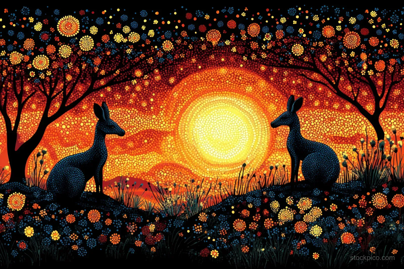 Two kangaroos appear as dot-painted silhouettes at sunset, surrounded by glowing circles, grass, and flower-like patterns.