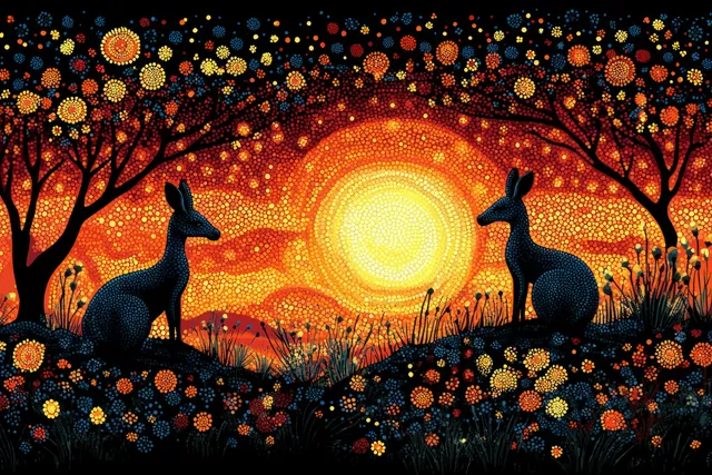 Dot-painting kangaroos at sunset with glowing horizon circles and floral pattern border