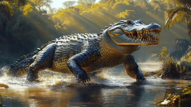 A giant crocodile emerges from a jungle river while mist and golden sunbeams illuminate surrounding foliage.