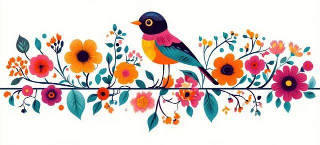 Colorful bird perched on a branch amid pink, orange, and yellow flowers and green leafy vines.