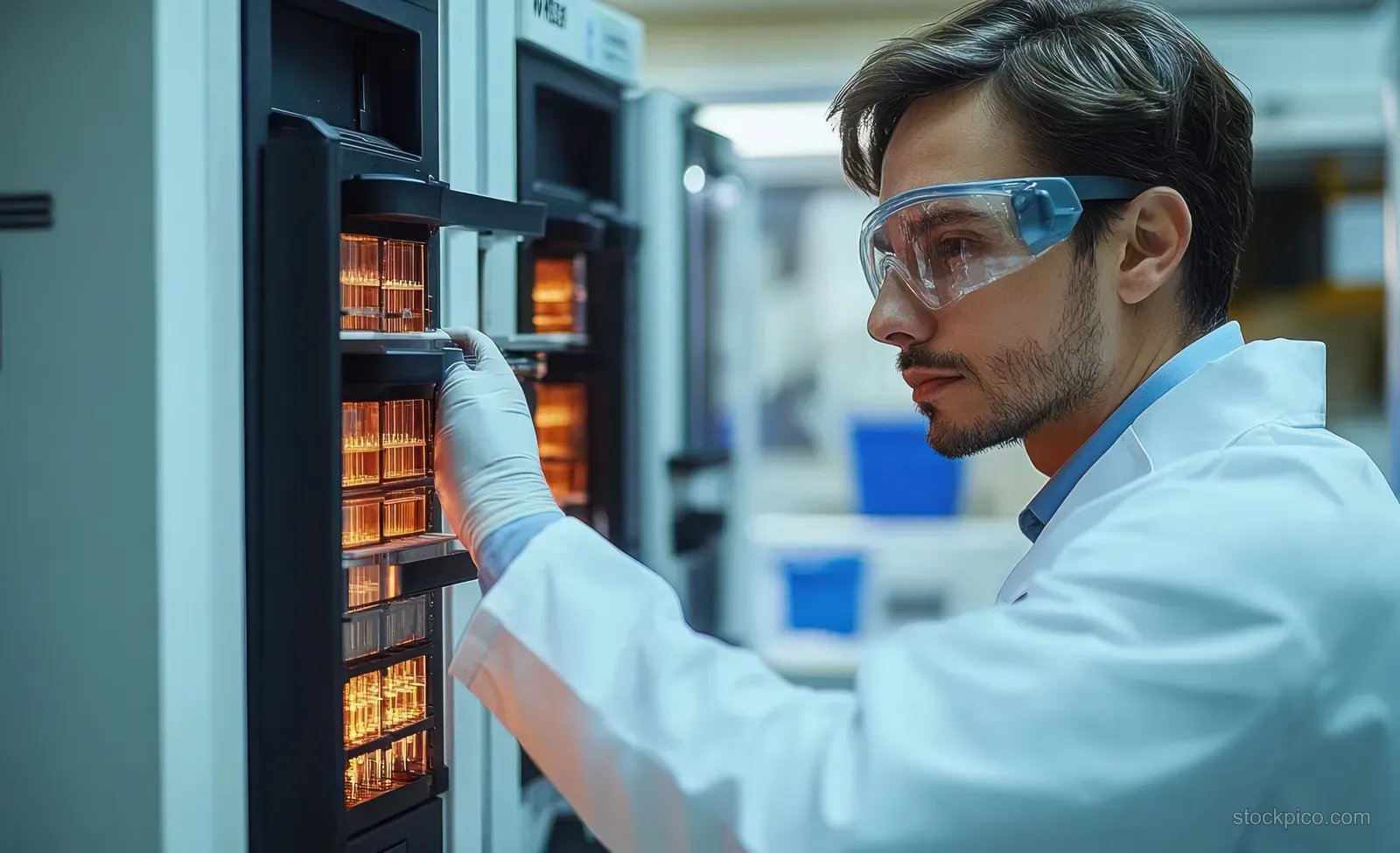 A scientist wearing gloves and safety glasses opens a lab incubator cabinet to check glowing samples.
