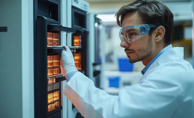 A scientist wearing gloves and safety glasses opens a lab incubator cabinet to check glowing samples.