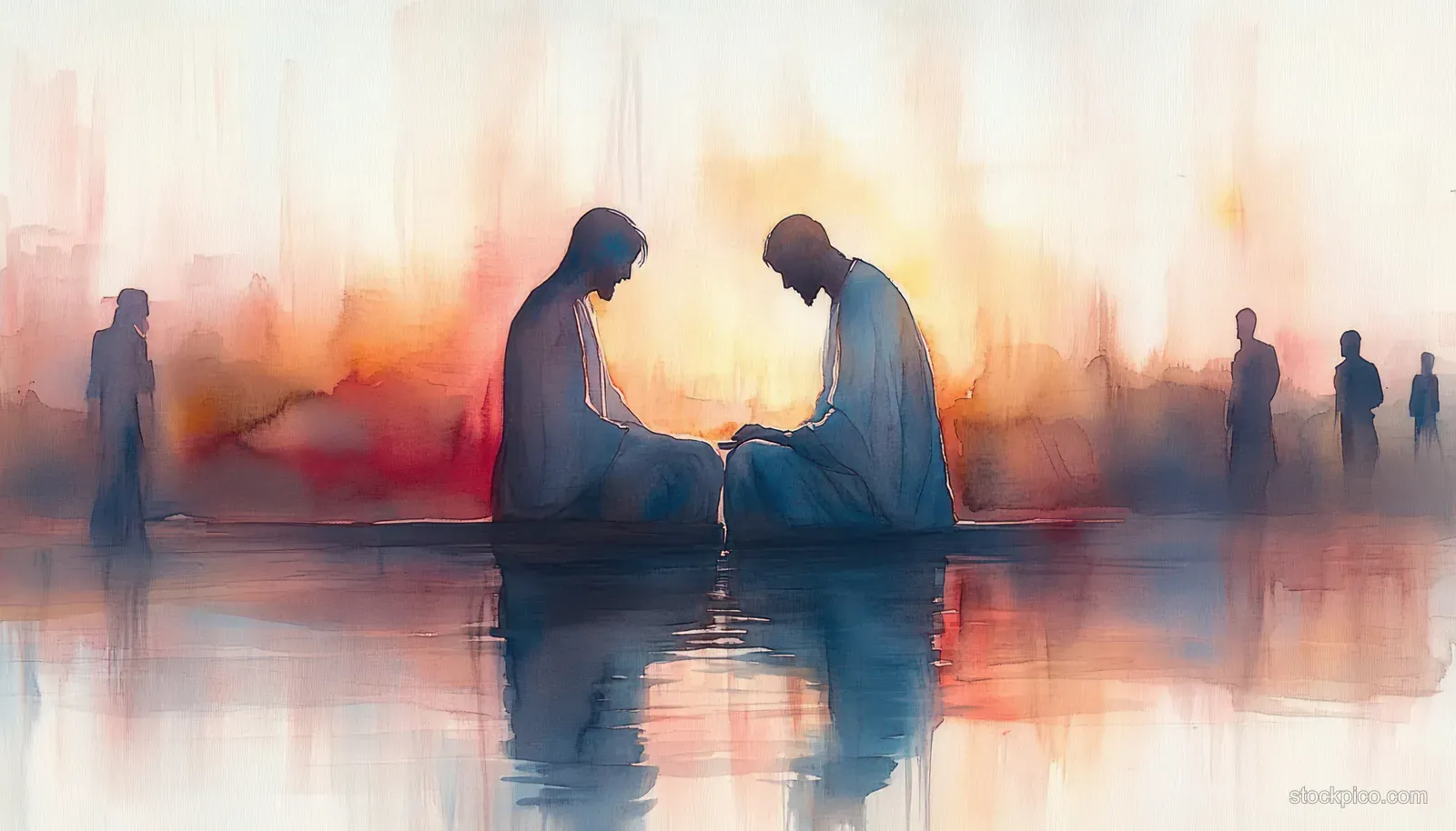 Jesus washes a disciple’s feet by calm water at dusk while other silhouettes stand in the background.