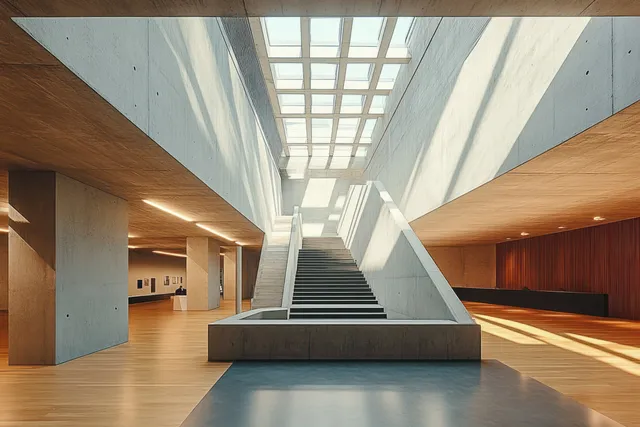 Bright modern interior hall showing a central staircase and concrete walls under a grid skylight with geometric daylight shadows.