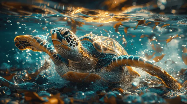 A sea turtle swimming through sunlit water with floating plastic debris around it.