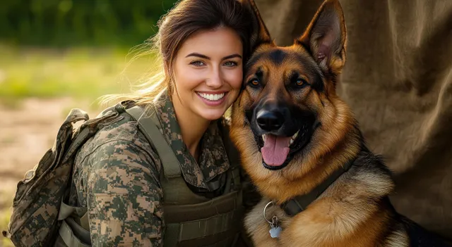 A smiling woman in camouflage uniform poses close to a German Shepherd outdoors in bright sunlight.