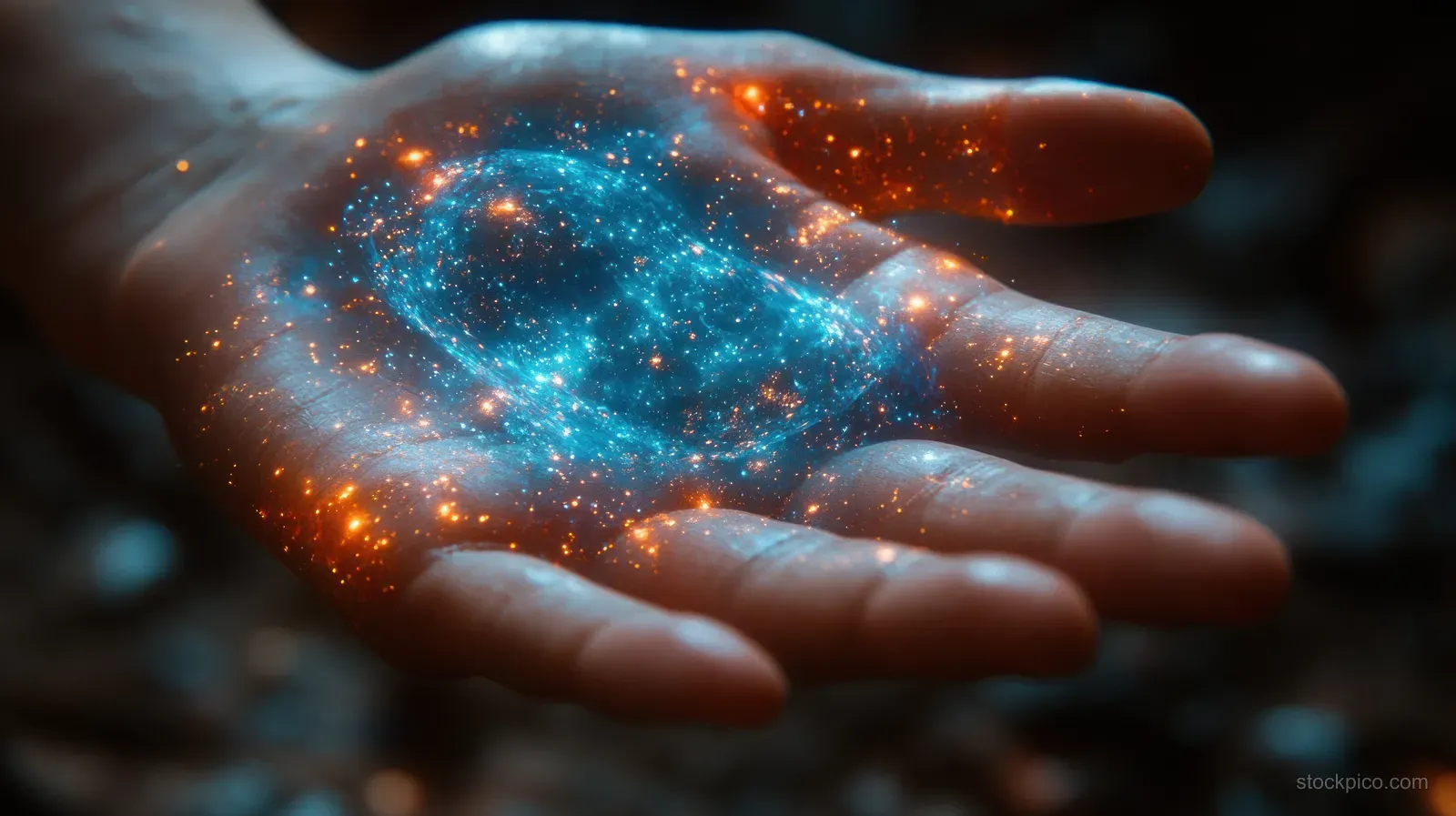 Glowing holographic health network sphere rests in cupped hands against a blurred dark medical-travel background.