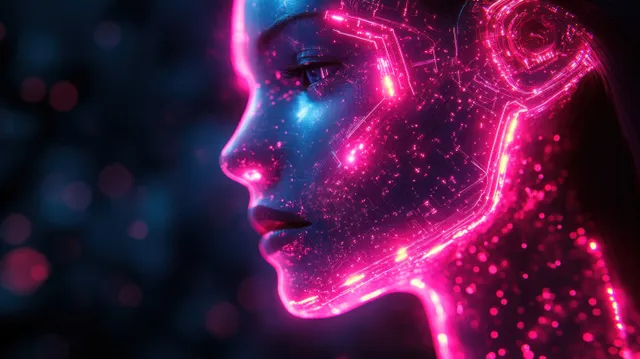 Neon circuit-like lines trace a cyborg head profile with data-grid glow on a dark digital background.