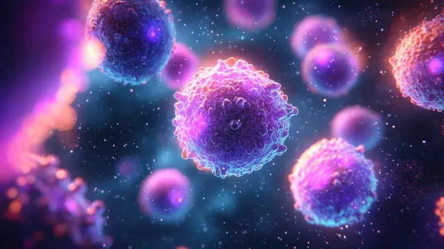 Glowing monkeypox-like virus particles float in a dark, bioluminescent background.