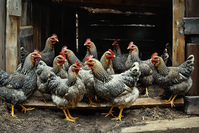 Gray and white hens with red combs stand together at the entrance of a rustic wooden chicken coop on dirt.
