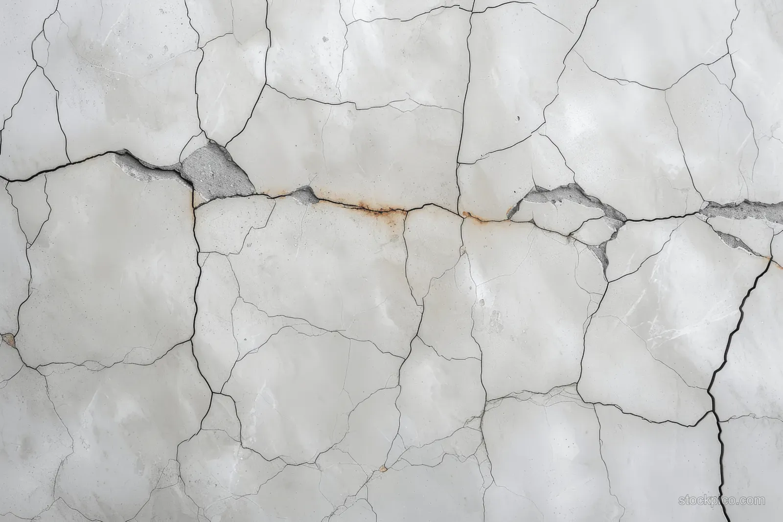 Close-up of a cracked white marble wall with thin dark veins and an aged stone surface.