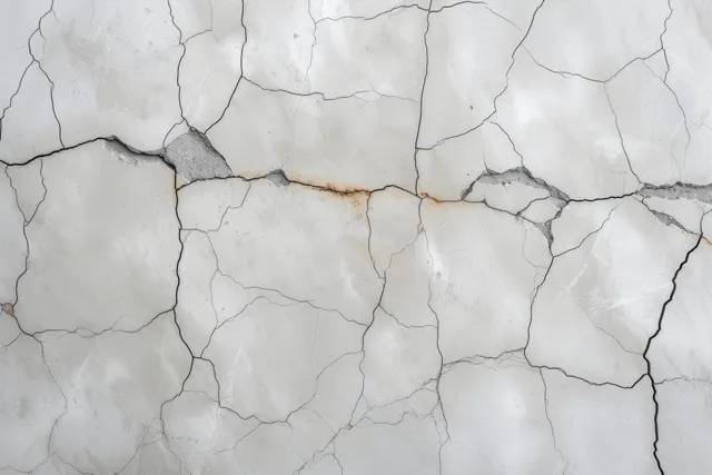 Close-up of a cracked white marble wall with thin dark veins and an aged stone surface.