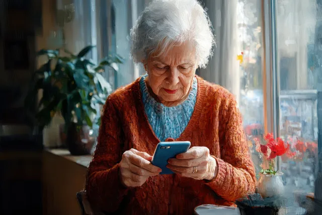 Smiling elderly woman holds a smartphone indoors near a sunlit window with plants and warm light.