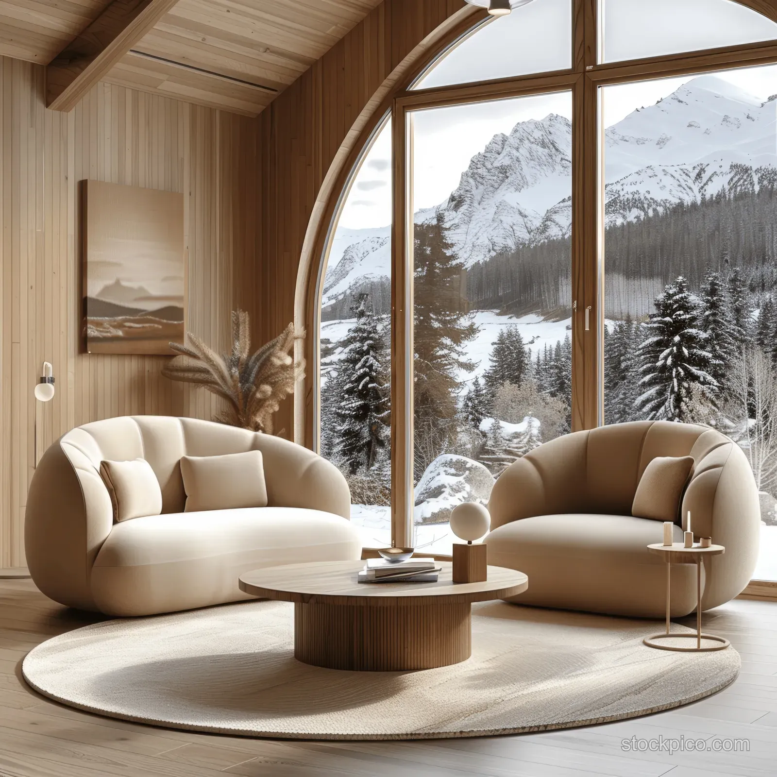Beige sofas and a round coffee table inside a minimalist living room, with snowy mountains visible through large arched windows.