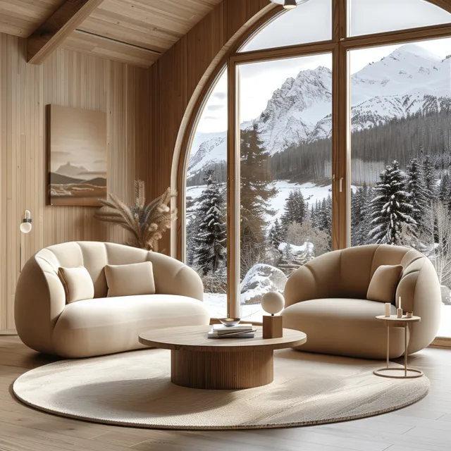 Scandinavian minimalist living room with beige sofa, round coffee table, and snowy mountain window view