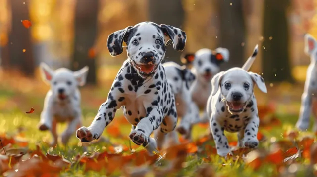Playful Dalmatian puppies run joyfully on green grass in an autumn park, surrounded by vibrant fall colors.