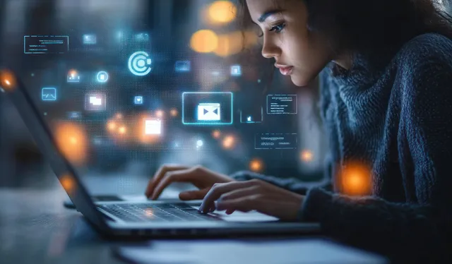 Businesswoman analyzes online ads on laptop with floating holographic marketing analytics in office