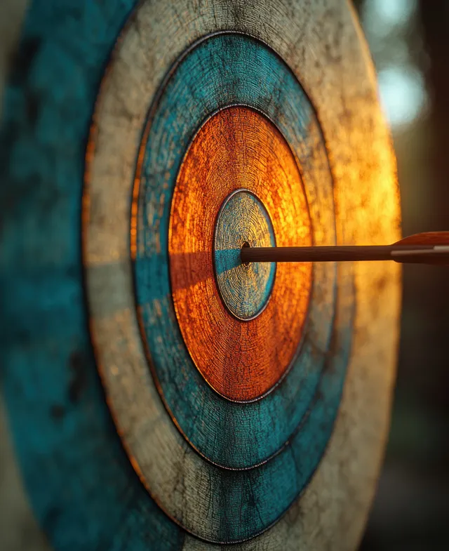 A bullseye target with arrows piercing the center under warm sunset backlighting.