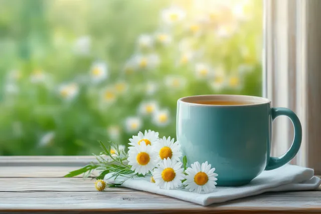 Blue tea mug on a wooden windowsill with white daisies and soft daylight coming through a window.