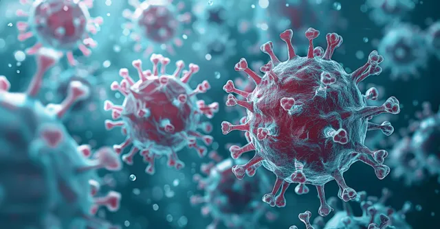 3D coronavirus particles floating in blue microscopic space with glowing spikes