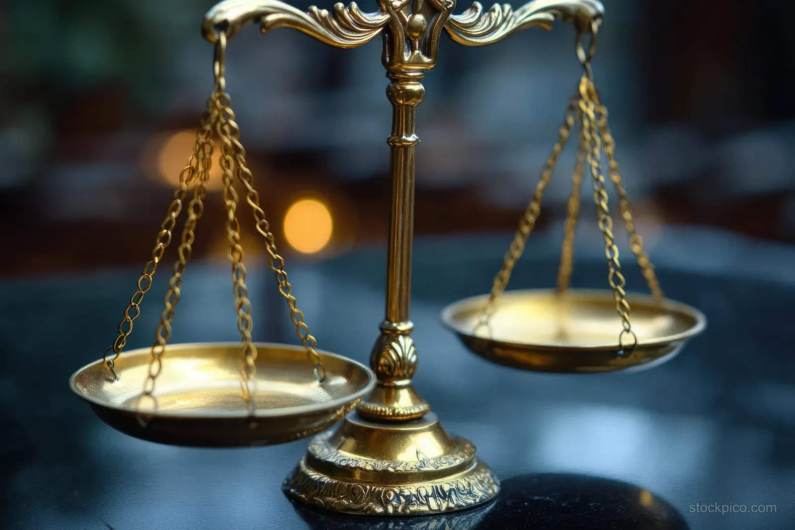 Golden justice balance scale sits on a dark courtroom surface with two pans and blurred lights in the background.