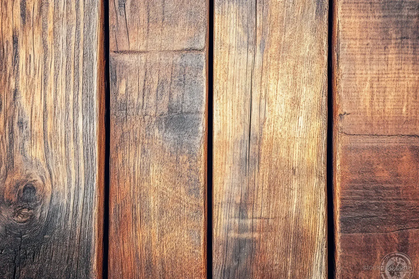 Weathered wooden planks close-up with visible grain, knots, and warm light shadows.