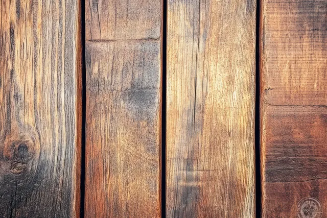 Weathered wooden planks close-up with visible grain, knots, and warm light shadows.
