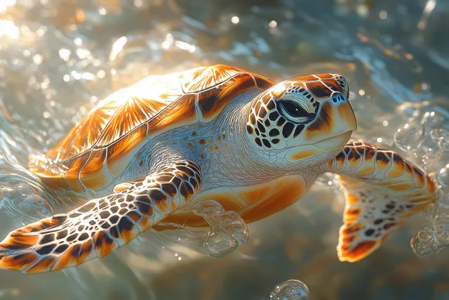 Hawksbill turtle gliding underwater near reef rocks with sunbeams in tropical blue ocean