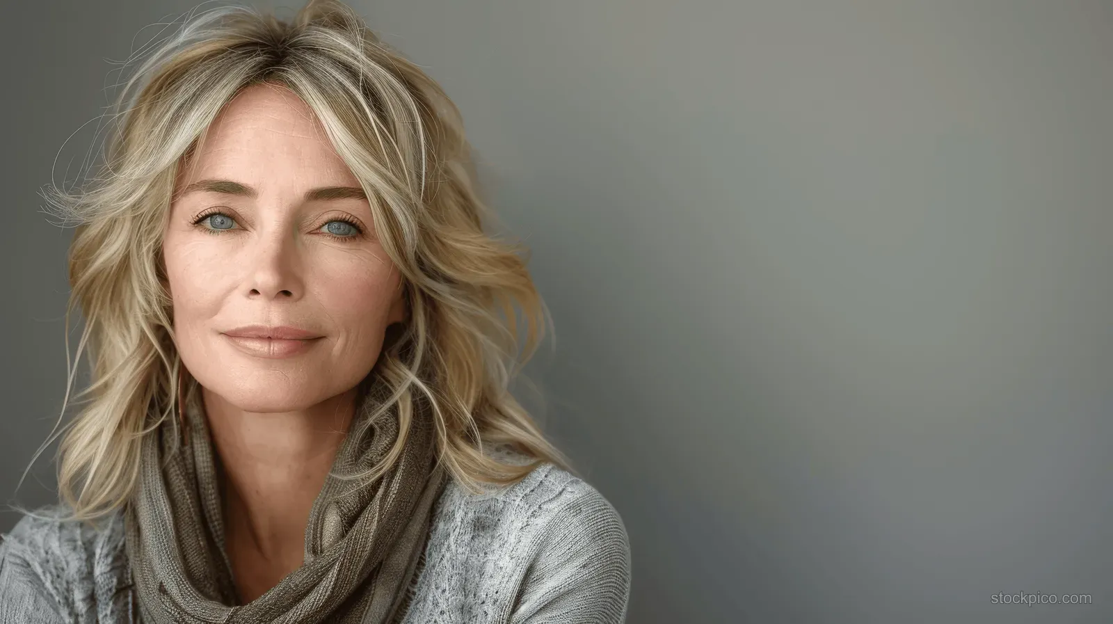 A middle-aged woman with blonde hair wears a grey scarf and light grey sweater, smiling against a neutral background.
