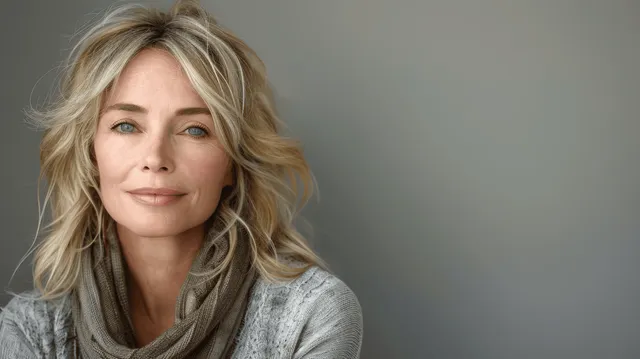 A middle-aged woman with blonde hair wears a grey scarf and light grey sweater, smiling against a neutral background.